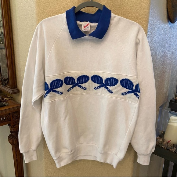 Jerzees Other - Vintage JERZEES White and Blue Tennis Print Collar Sweatshirt Size Large-Unisex